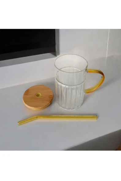 Tohana Bambu Kapaklı Cam Pipetli Kupa 420 ml - Resim 2