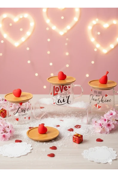 Tohana Bambu Kapaklı Cam Fanus Kupa Kırmızı Kalp ürün görseli 1