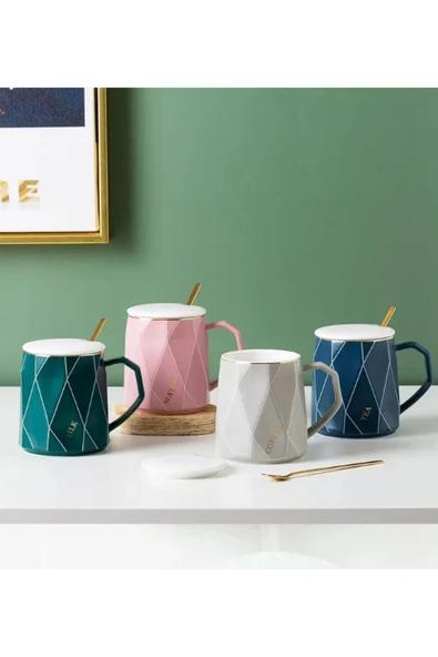 Dörtel Tedarik Geometrik Desenli Gold Kaşıklı Kapaklı Modern Seramik Kupa - Resim 4