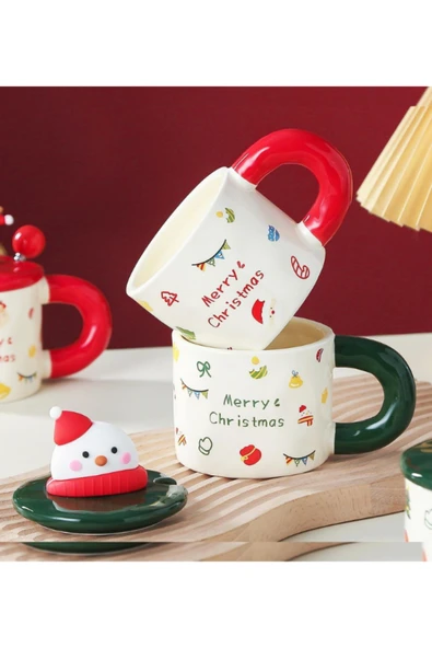 Bam Yılbaşı Figürlü Kapaklı Kaşıklı Seramik Kupa - Resim 3