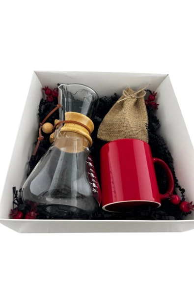 Dörtel Tedarik Kahve Seti Kahve Demleme Karafı 600 ML, Kırmızı Seramik Kupa, Bez Kesede Filtre Kahve Seti - Resim 2