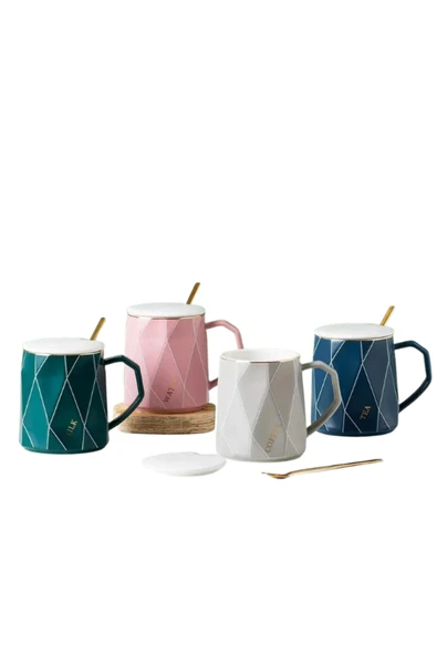 Dörtel Tedarik Geometrik Desenli Gold Kaşıklı Kapaklı Modern Seramik Kupa - Resim 3