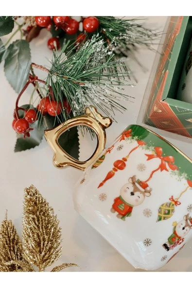 Tohana Yılbaşı Kutulu Altın Kaşıklı Porselen Kupa Kardan Adam 350 ml Yeni Yıl Hediyesi - Resim 2