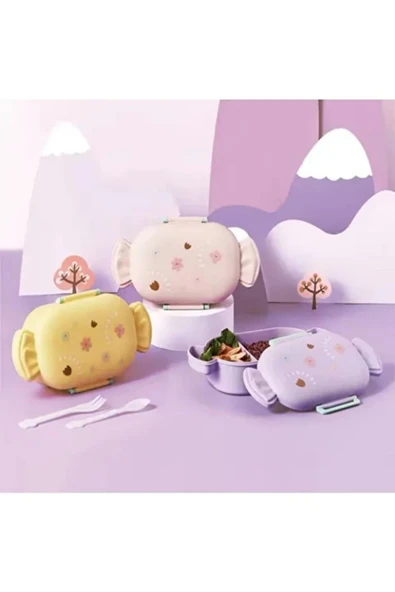 Dörtel Tedarik Sevimli Şeker Şekilli Çocuk Beslenme Kutusu Kaşıklı 2 Bölmeli Yemek Saklama Kabı - Resim 3