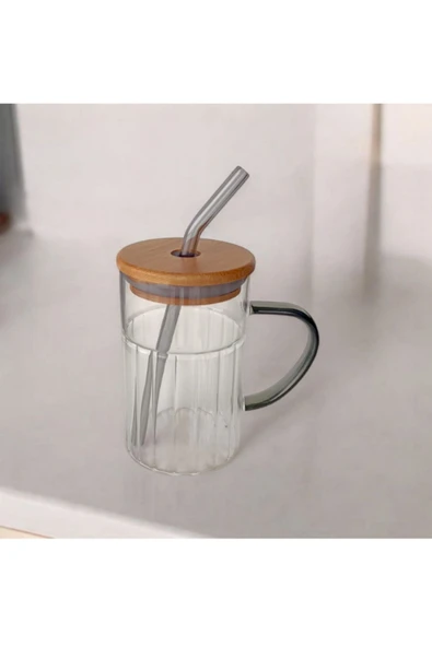 Tohana Bambu Kapaklı Cam Pipetli Kupa 420 ml ürün görseli 1