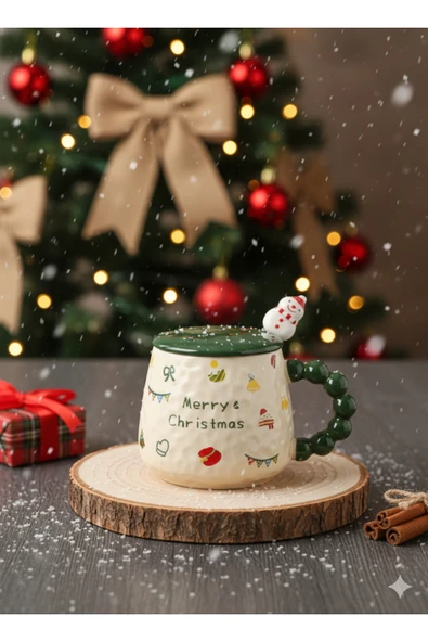 Bam Yılbaşı Temalı Kaşıklı Kapaklı Seramik Kupa Merry Christmas ürün görseli 1