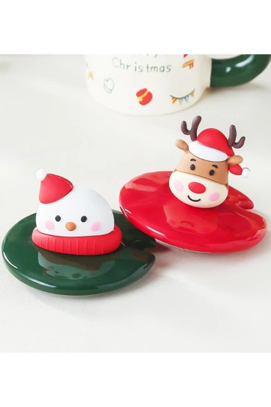 Bam Yılbaşı Figürlü Kapaklı Kaşıklı Seramik Kupa - Resim 6