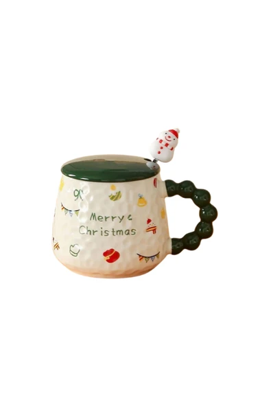 Bam Yılbaşı Temalı Kaşıklı Kapaklı Seramik Kupa Merry Christmas - Resim 5