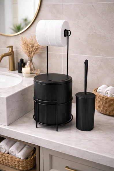 Modern Banyo Seti – Kapaklı Çöp Kovası, Tuvalet Kağıtlığı ve WC Fırçası | Minimal Tasarım - Resim 4