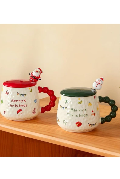 Bam Yılbaşı Temalı Kaşıklı Kapaklı Seramik Kupa Merry Christmas - Resim 3