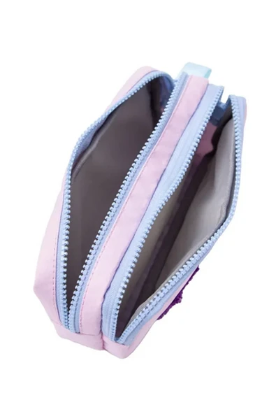 Dörtel Tedarik Pembe Renk Mavi Fermuarlı Su Geçirmez Bondit Kumaş Peluş Baskılı Çift Gözlü Kalemlik 01108 - Resim 3