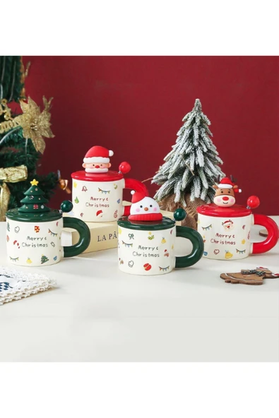 Bam Yılbaşı Figürlü Kapaklı Kaşıklı Seramik Kupa - Resim 2