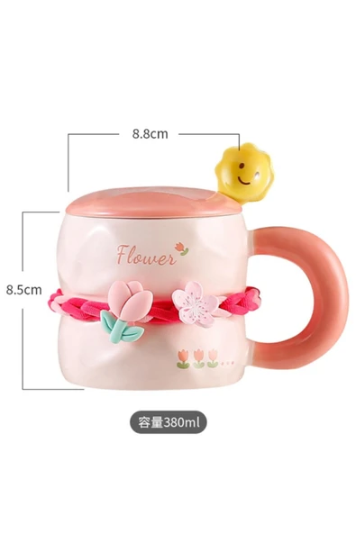 Dörtel Tedarik Tatlı Çiçekli Kahve Fincanı 380 ml Kapaklı ve Kaşıklı Seramik Kupa - Resim 2