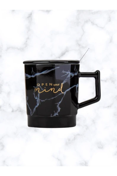 Dörtel Tedarik Mermer Desenli Kapaklı Kaşıklı Seramik Kupa Siyah ürün görseli 1