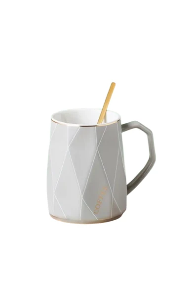 Dörtel Tedarik Geometrik Desenli Gold Kaşıklı Kapaklı Modern Seramik Kupa - Resim 2