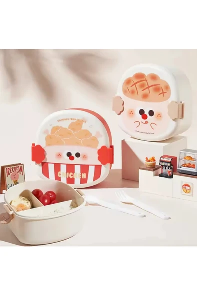 Dörtel Tedarik Kızarmış Tavuk Şeklinde Çocuklar İçin Taşınabilir Kapaklı Çatal Kaşık 3 Bölmeli Öğle Yemeği Kutusu - Resim 4