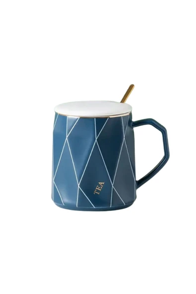 Dörtel Tedarik Geometrik Desenli Gold Kaşıklı Kapaklı Modern Seramik Kupa - Resim 2