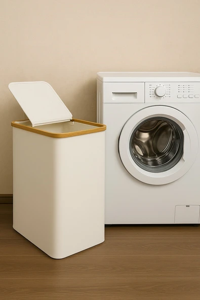 Vichy Doğal Bambu Çerçeveli Katlanabilir Kirli Sepeti – Kapaklı Krem Kumaş Çamaşır Sepeti Bej BR-6707 - Resim 2