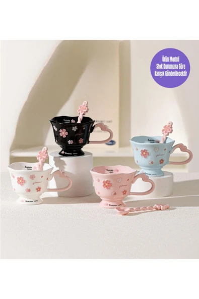 Dörtel Tedarik Sakura Çiçek Tasarımlı Kaşıklı Seramik Kupa Özel Kutusunda 1972 - Resim 4