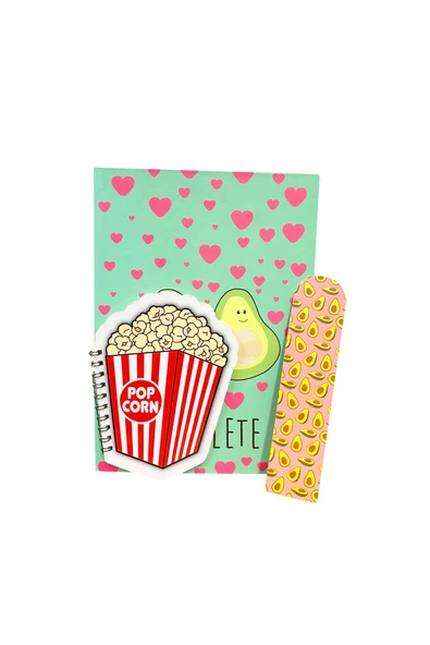 Dörtel Tedarik Panda Temalı Yeşil Kalem Kutu,Avokado Temalı Sert Kapaklı Ajanda,Kitap Ayracı,Patlamış Mısır Bloknot - Resim 2