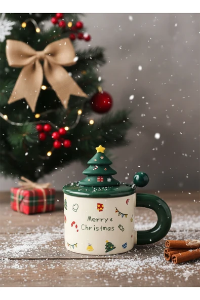 Bam Yılbaşı Figürlü Kapaklı Kaşıklı Seramik Kupa ürün görseli 1