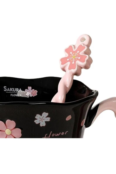 Dörtel Tedarik Sakura Çiçek Tasarımlı Kaşıklı Seramik Kupa Özel Kutusunda 1972 - Resim 3
