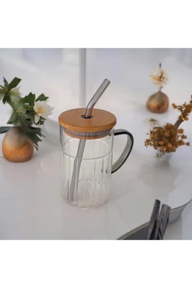 Tohana Bambu Kapaklı Cam Pipetli Kupa 420 ml - Resim 3
