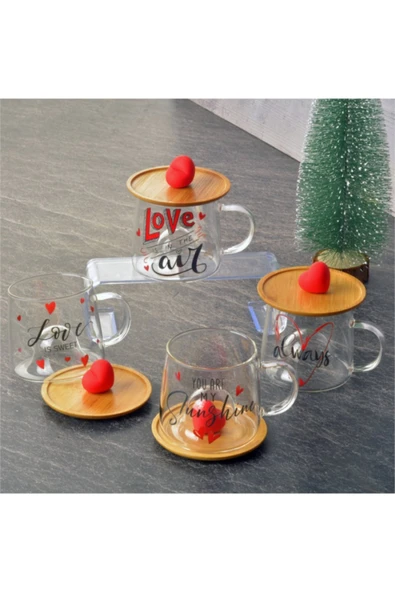 Tohana Bambu Kapaklı Cam Fanus Kupa Kırmızı Kalp - Resim 3