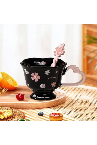 Dörtel Tedarik Sakura Çiçek Tasarımlı Kaşıklı Seramik Kupa Özel Kutusunda 1972 ürün görseli 1