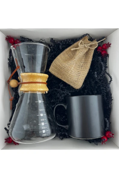 Dörtel Tedarik Kahve Seti Kahve Demleme Karafı 600 ML, Siyah Seramik Kupa, Bez Kesede Filtre Kahve Seti ürün görseli 1