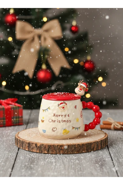 Bam Yılbaşı Temalı Kaşıklı Kapaklı Seramik Kupa Merry Christmas ürün görseli 1