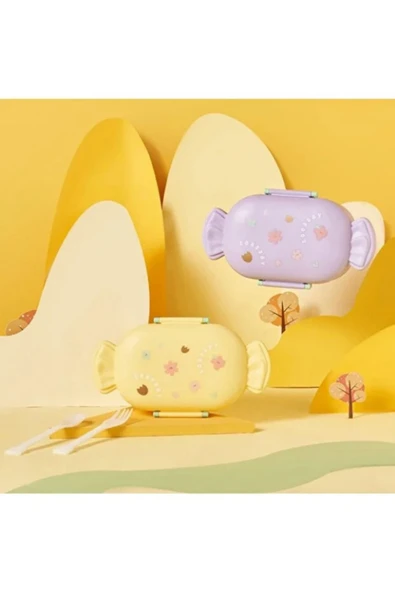 Dörtel Tedarik Sevimli Şeker Şekilli Çocuk Beslenme Kutusu Kaşıklı 2 Bölmeli Yemek Saklama Kabı - Resim 5