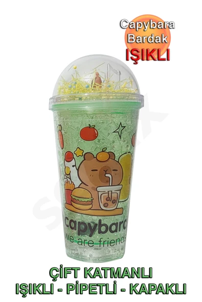 H2O Capybara Çift Cidarlı, Işıklı, Pipetli, Kapaklı Bardak ürün görseli 1