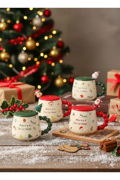 Bam Yılbaşı Temalı Kaşıklı Kapaklı Seramik Kupa Merry Christmas - Resim 3
