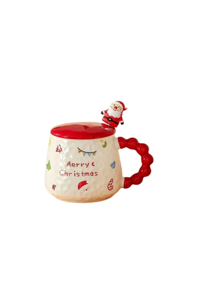Bam Yılbaşı Temalı Kaşıklı Kapaklı Seramik Kupa Merry Christmas - Resim 4