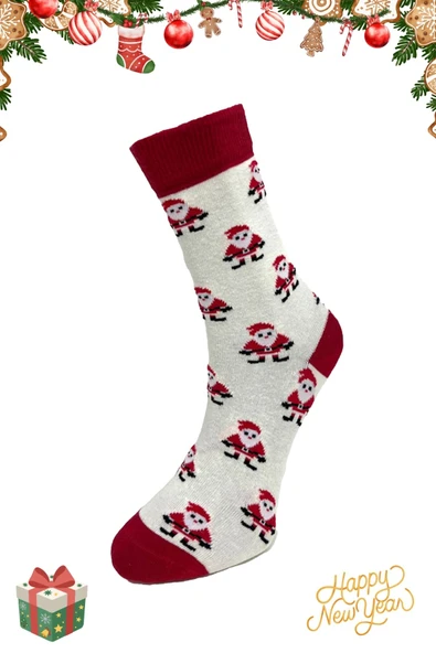 Krem Noel Baba Desenli Yılbaşı Çorabı – Unisex 36-42 ürün görseli 1