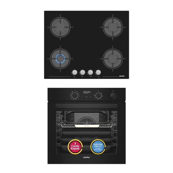 Simfer 11 Fonksiyon Steam Master Siyah 2'li Ankastre Set (8244 Fırın + 3653 Ocak) ürün görseli 1