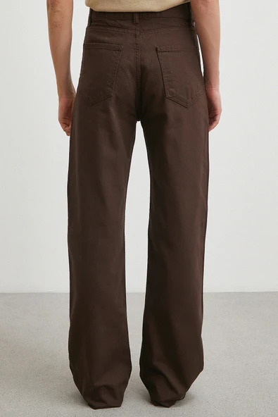 Yüksek Bel Kesik Boru Paça Jean Kahve - Resim 6