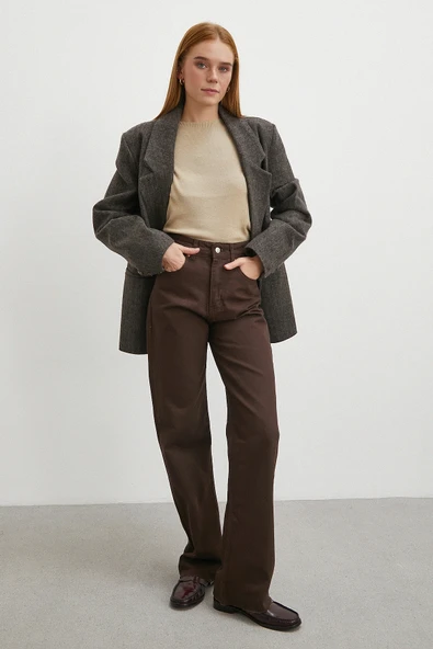 Yüksek Bel Kesik Boru Paça Jean Kahve - Resim 4