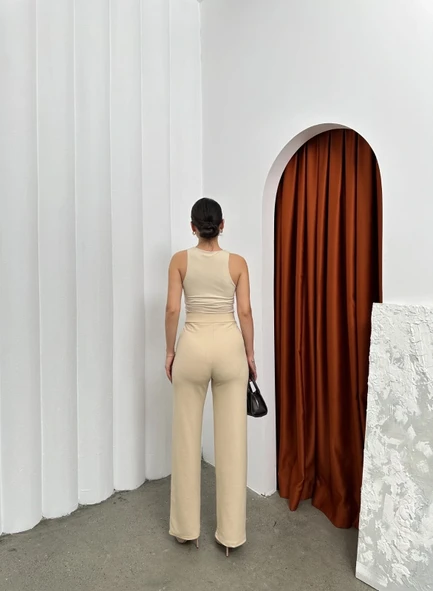 Cırtlı pantolon krep bej pt - Resim 4