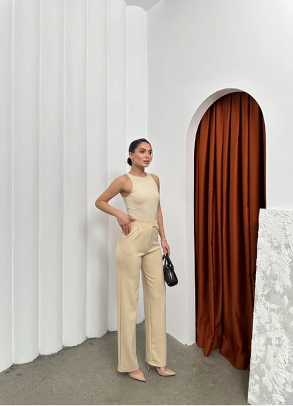 Cırtlı pantolon krep bej pt - Resim 3