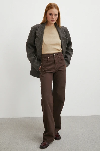 Yüksek Bel Kesik Boru Paça Jean Kahve - Resim 2