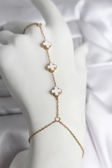 316L Çelik Gold Renk Beyaz Yonca Model Kadın Şahmeran ürün görseli 1