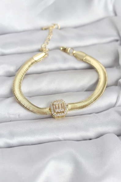 316L Çelik Gold Renk Baget Zirkon Taşlı Yılan Zincirli Kadın Bileklik ürün görseli 1