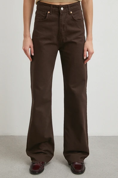 Yüksek Bel Kesik Boru Paça Jean Kahve - Resim 5