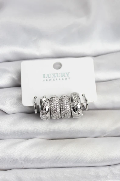 Zirkon Taşlı Pirinç Gümüş Renk Halka Kadın Küpe Seti ürün görseli 1