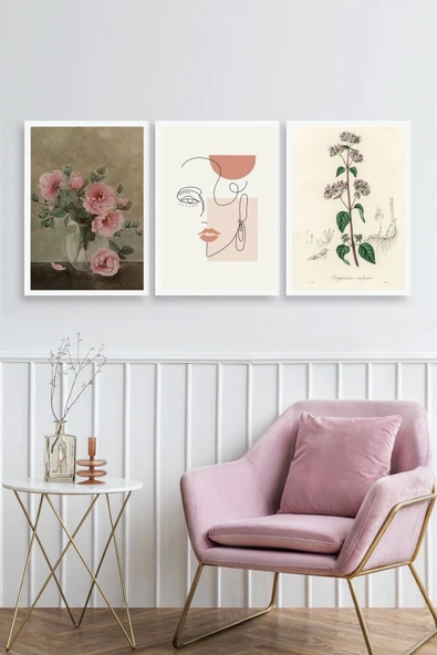 Çiçek Üçlü Ahşap Çerçeveli Tablo - Resim 2