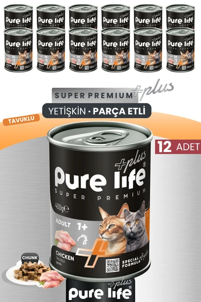 Plus 12'li Tavuklu Yetişkin Konserve Chunk Parça Etli Yaş Mama 400 Gr ürün görseli 1