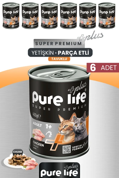 Plus 6'lı Tavuklu Yetişkin Konserve Chunk Parça Etli Yaş Mama 400 Gr ürün görseli 1