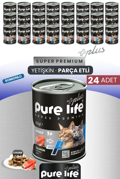 Plus 24'lü Somonlu Yetişkin Konserve Chunk Parça Etli Yaş Mama 400 Gr ürün görseli 1